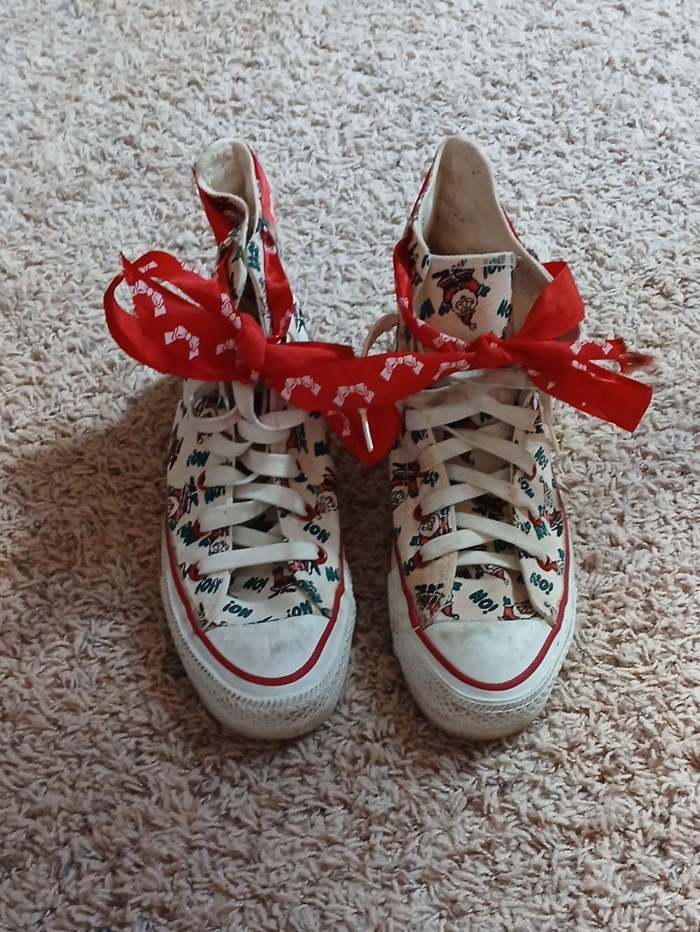 Converse White High-Top Sneakers with Red Trim and Multicolor Cartoon Print